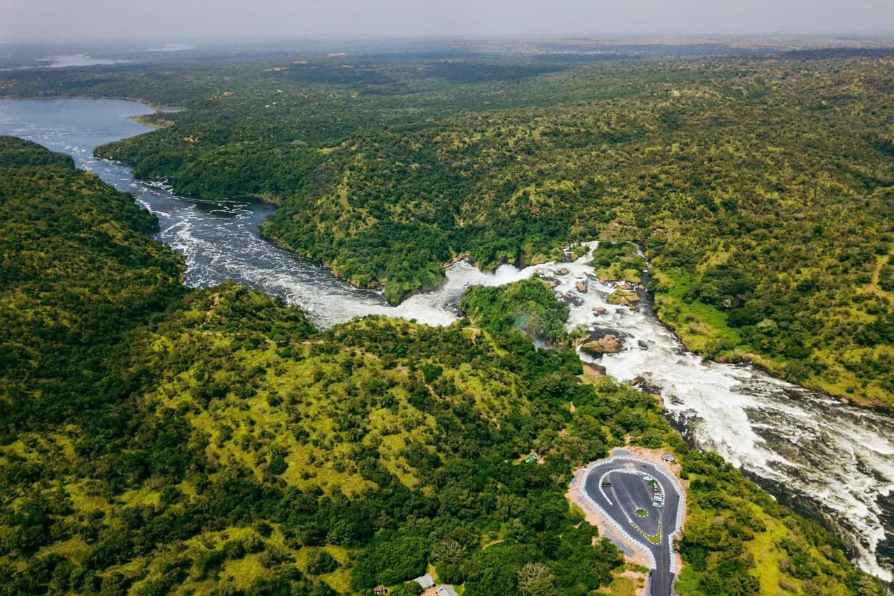 Aerial view of the Nile River plunging through Murchison Falls, Uganda